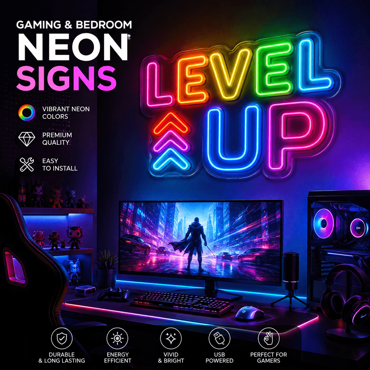 Statement LED sign styled in a bedroom gaming setup
