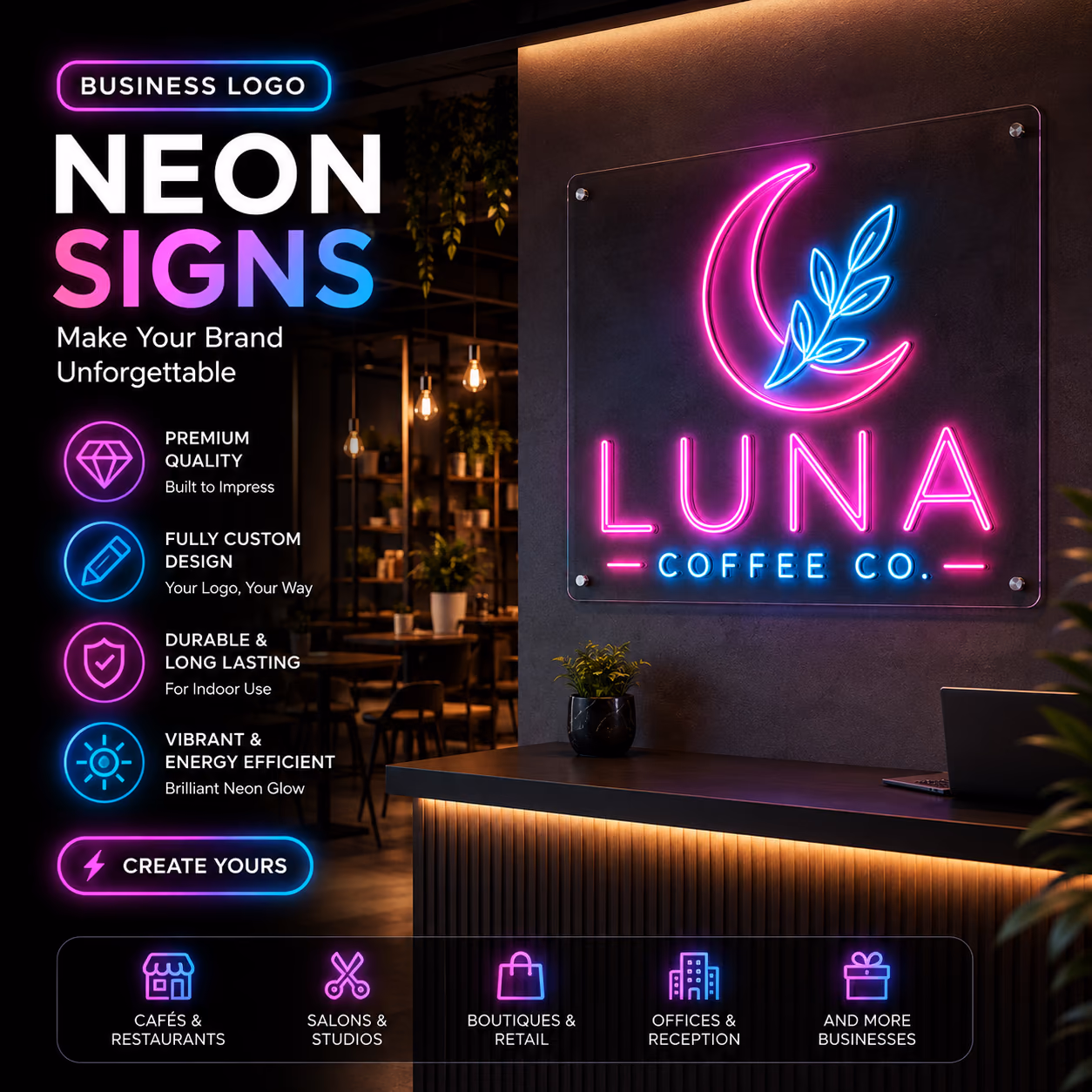 Professional moon logo translated into a neon sign