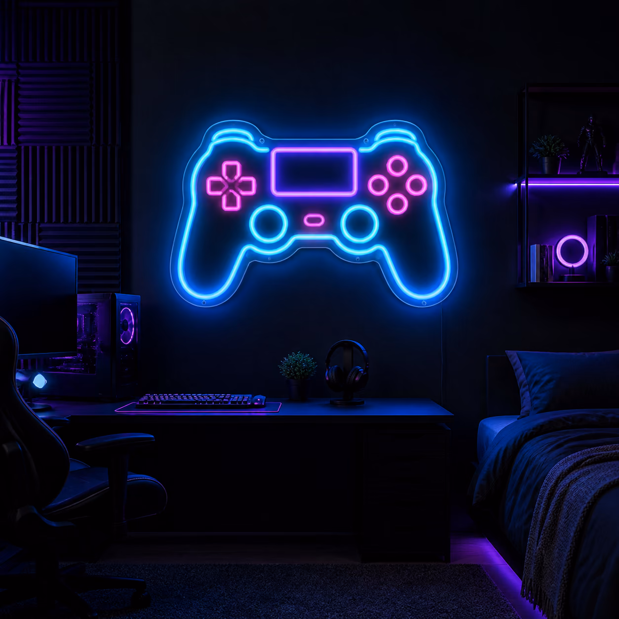 Gaming bedroom with a professional illuminated wall feature