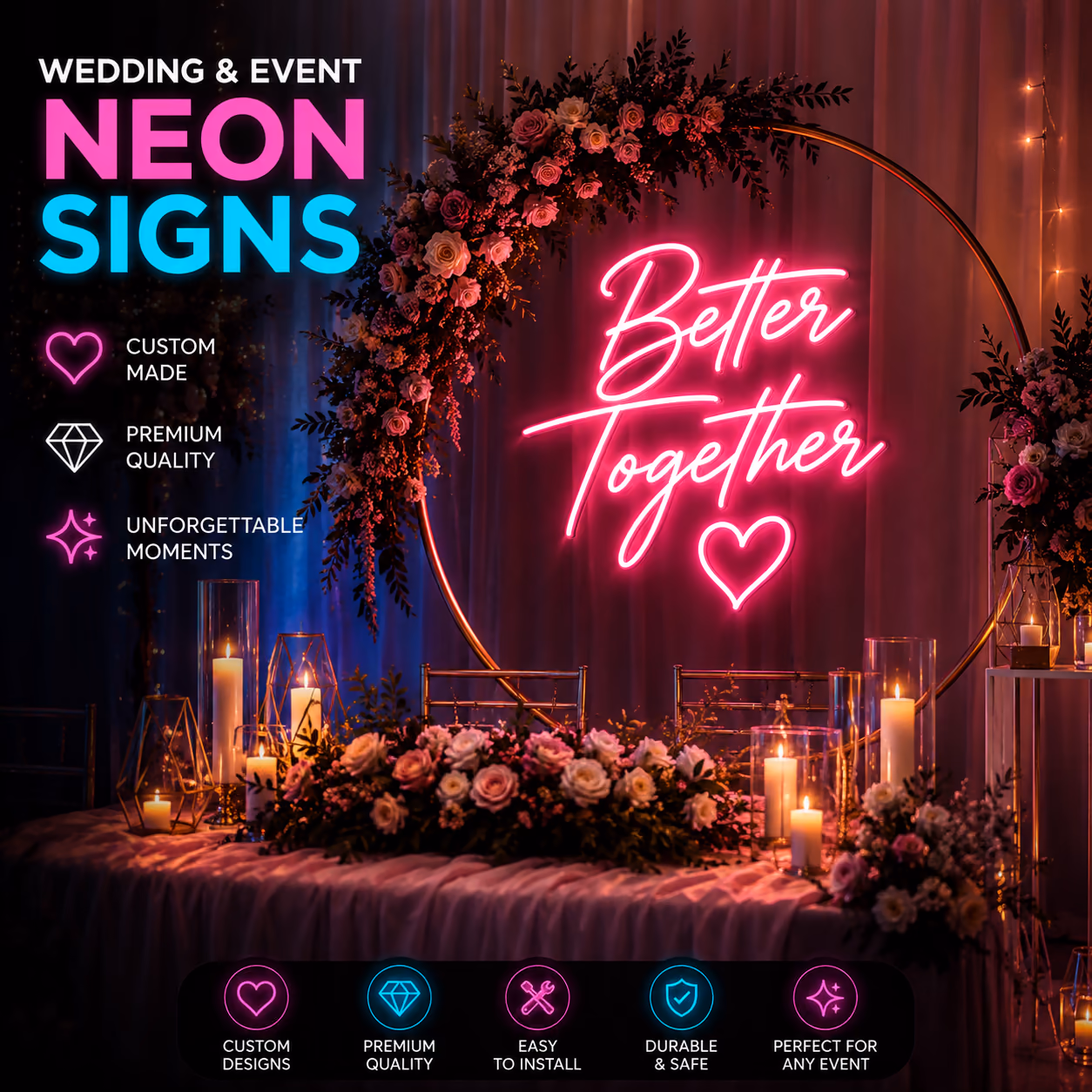 Elegant wedding setting with a bright custom neon phrase