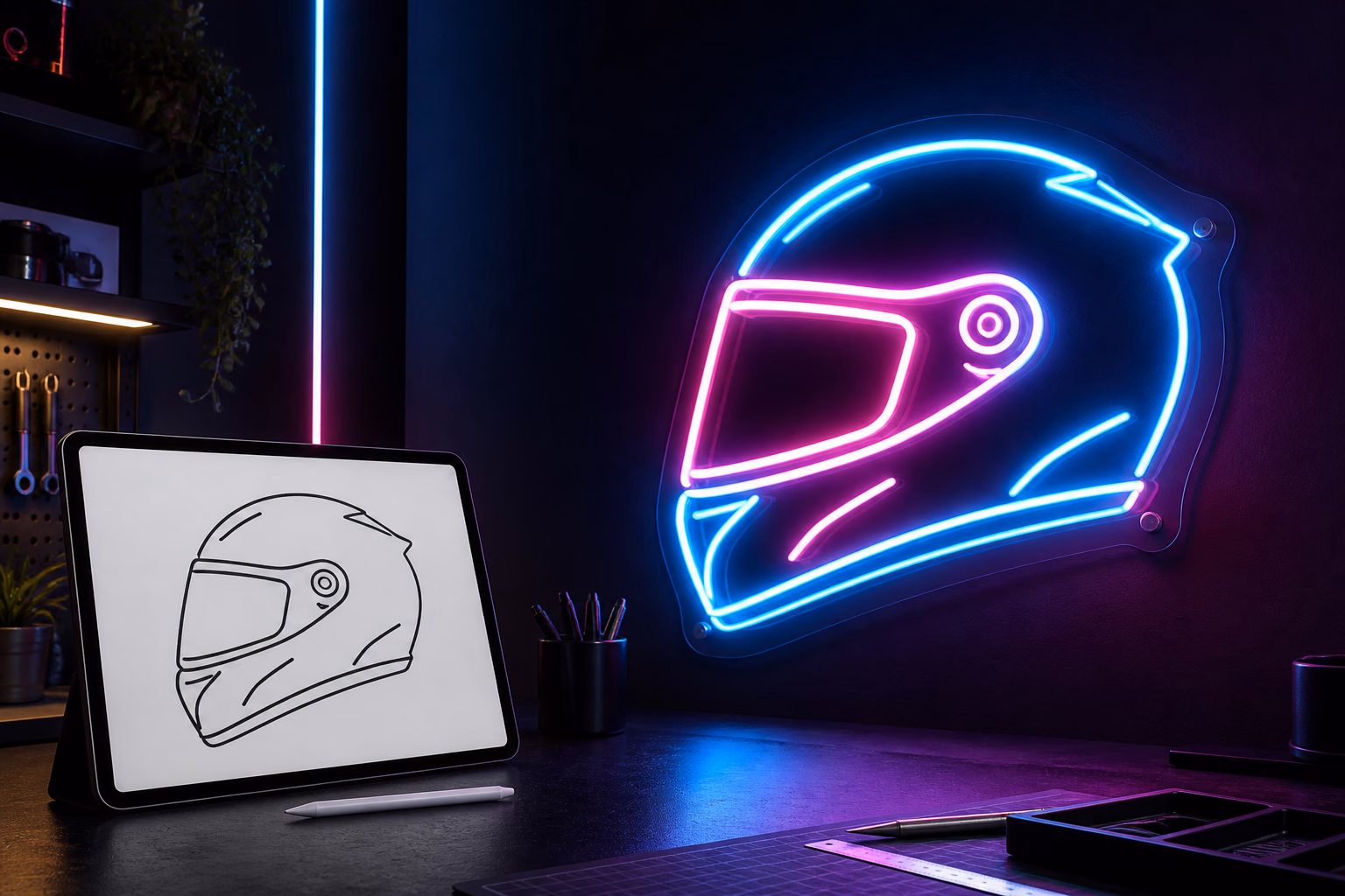 Helmet sketch being transformed into a pink and blue LED neon sign