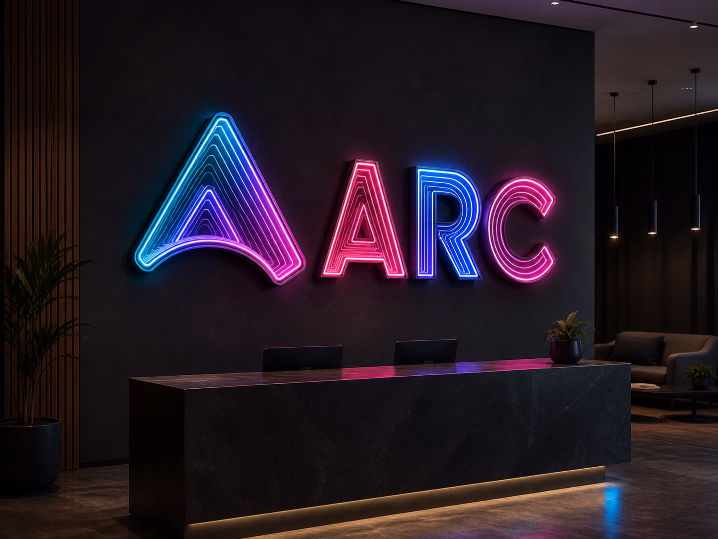 Custom channel letters with repeated reflected LED light creating an infinity-depth effect