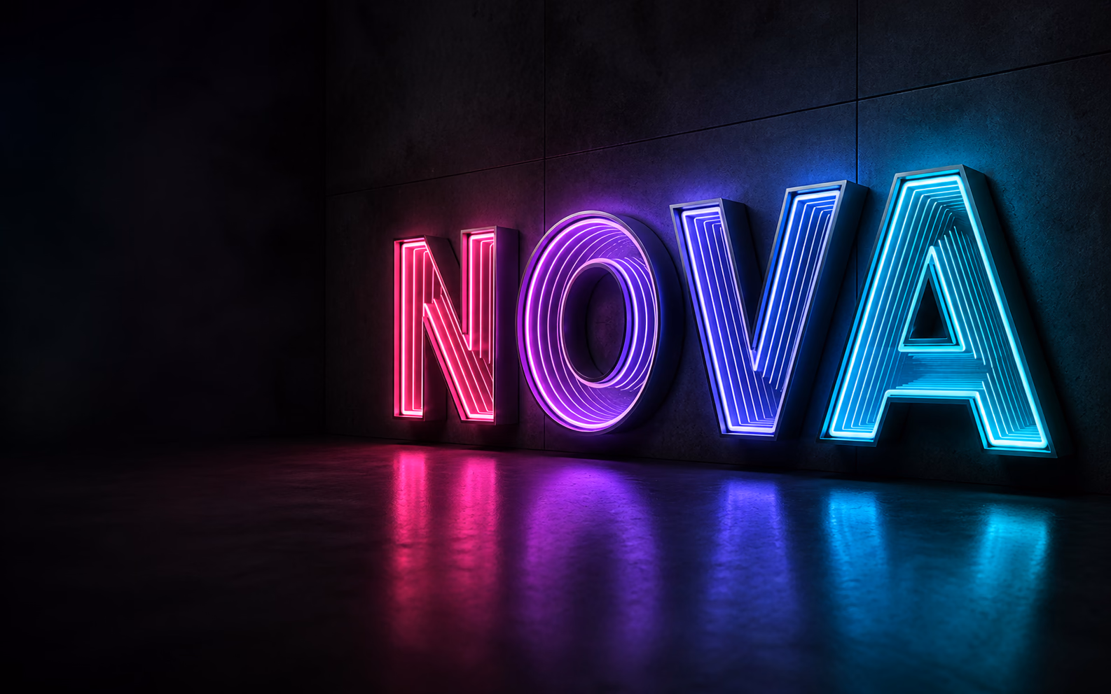 Custom NOVA channel letters with pink, violet and cyan reflections receding inside each letter